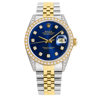 36mm Rolex Datejust 16013 18k Gold Diamond Bezel Blue Dial Jubilee Men's Watch