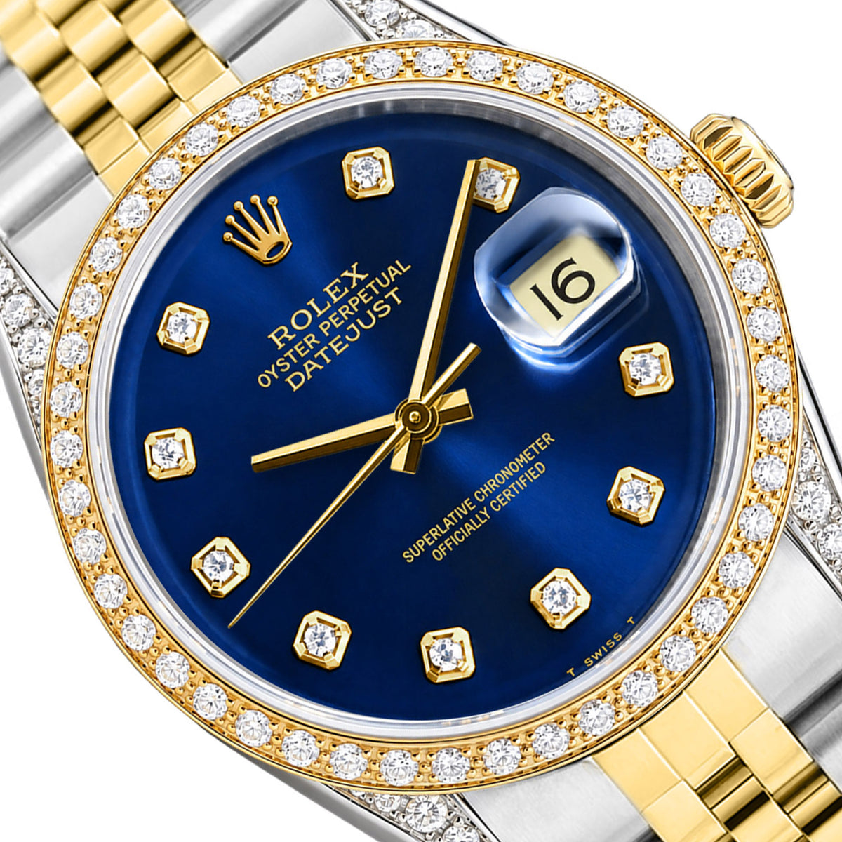 36mm Rolex Datejust 16013 18k Gold Diamond Bezel Blue Dial Jubilee Men's Watch