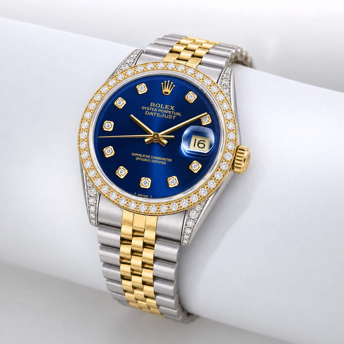 36mm Rolex Datejust 16013 18k Gold Diamond Bezel Blue Dial Jubilee Men's Watch