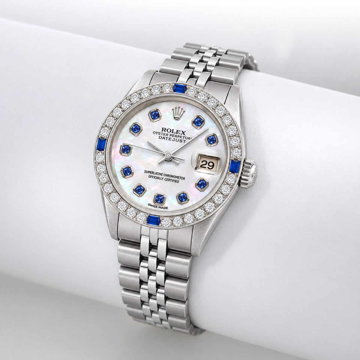 26mm Rolex Datejust 69173 White MOP Sapphire Diamond Dial Stainless Steel Watch