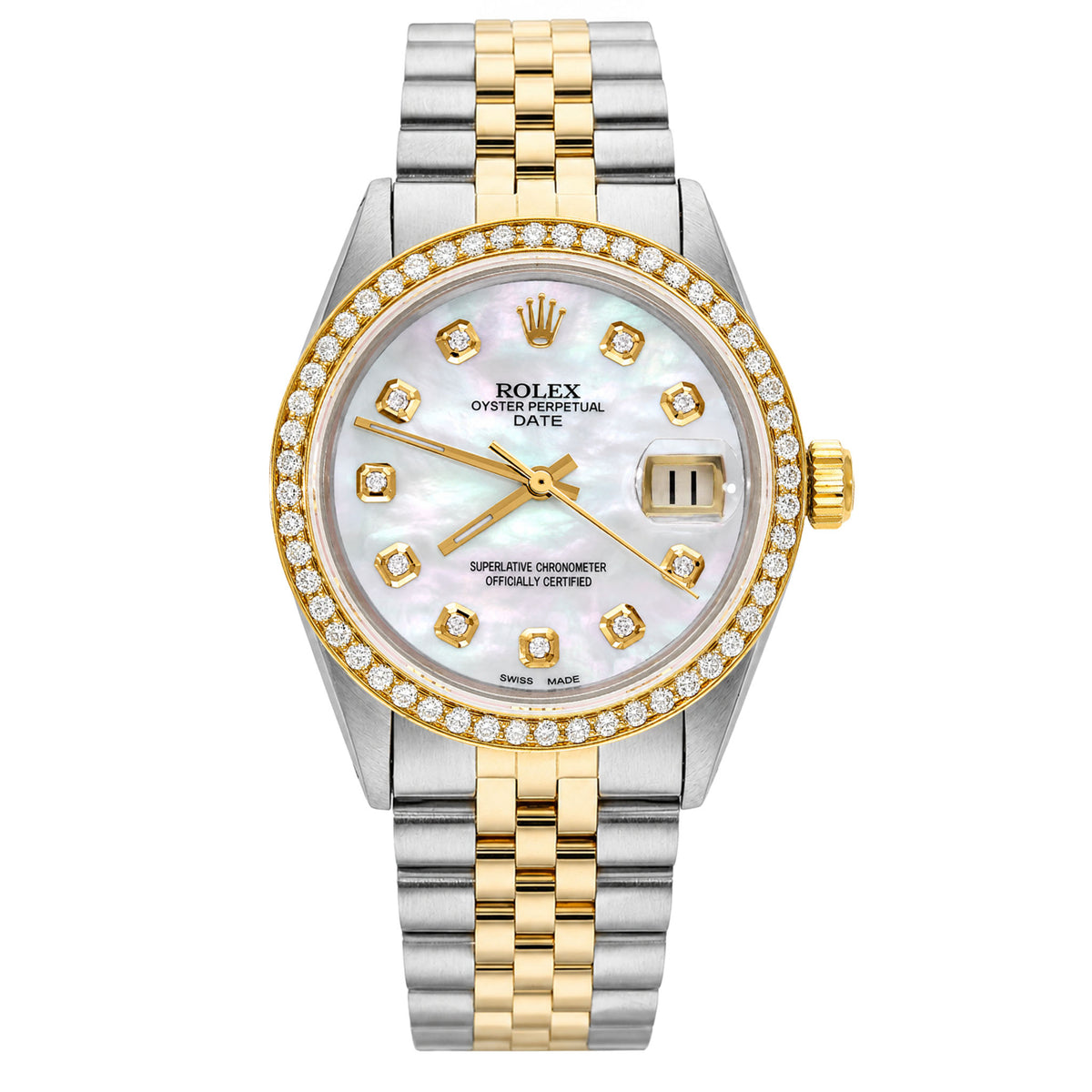 34mm Rolex Perpetual Date 1500 Diamond Bezel White MOP Dial Jubilee Band Watch