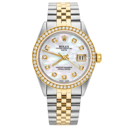 34mm Rolex Perpetual Date 1500 Diamond Bezel White MOP Dial Jubilee Band Watch