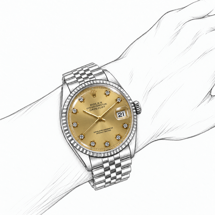 Champagne diamond Rolex dial in a complete Datejust wristwatch illustration with date and crystal; dial only included [lifestyle]