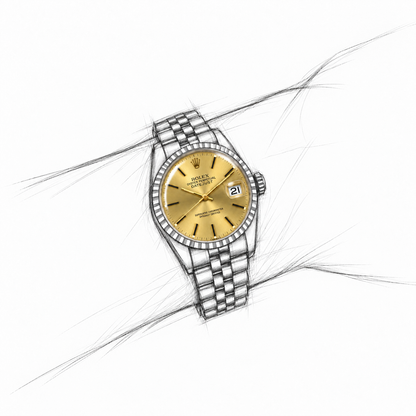 Rolex dial Style 14253 in a loose graphite Datejust wrist illustration with realistic dial, hands, date and crystal