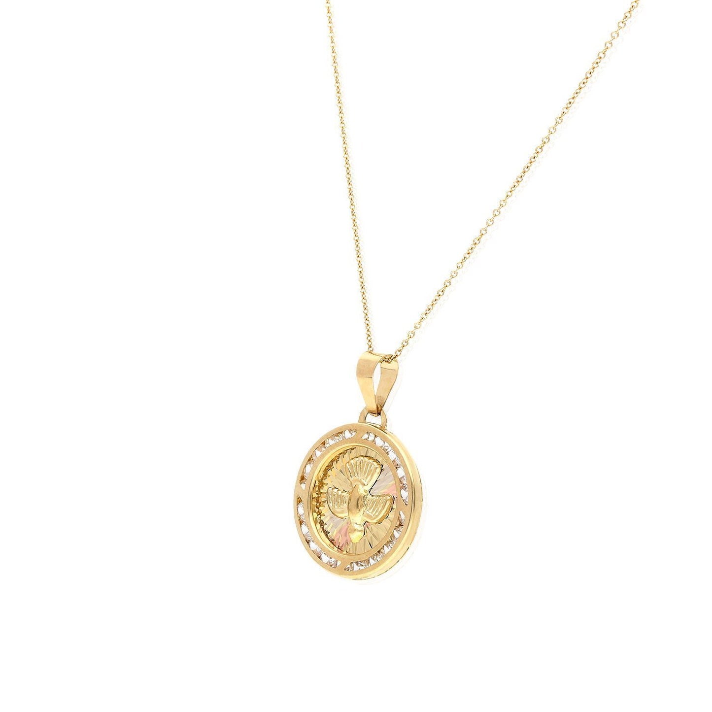 14K Tri-Color Gold Fancy Cubic Zirconia Holy Spirit Dove Medallion Pendant