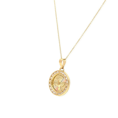 14K Tri-Color Gold Fancy Cubic Zirconia Holy Spirit Dove Medallion Pendant