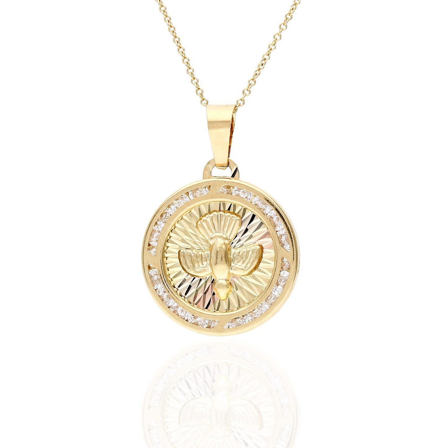 14K Tri-Color Gold Fancy Cubic Zirconia Holy Spirit Dove Medallion Pendant
