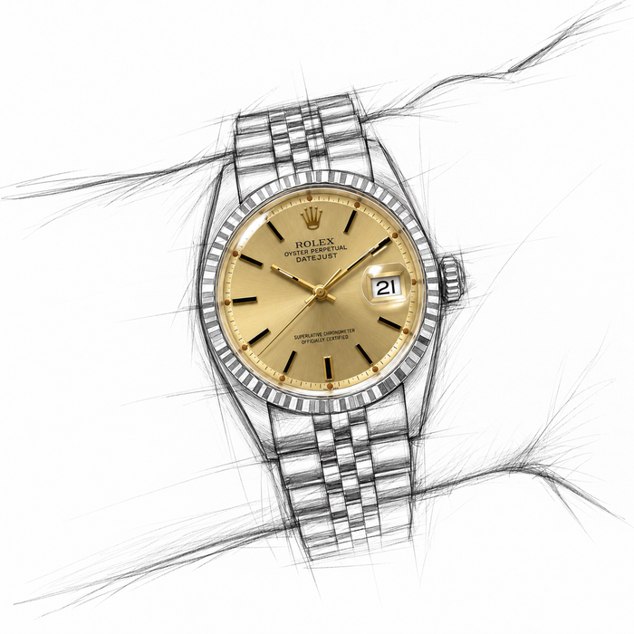 Rolex dial Style 14270 in a loose graphite Datejust wrist illustration with realistic dial, hands, date and crystal