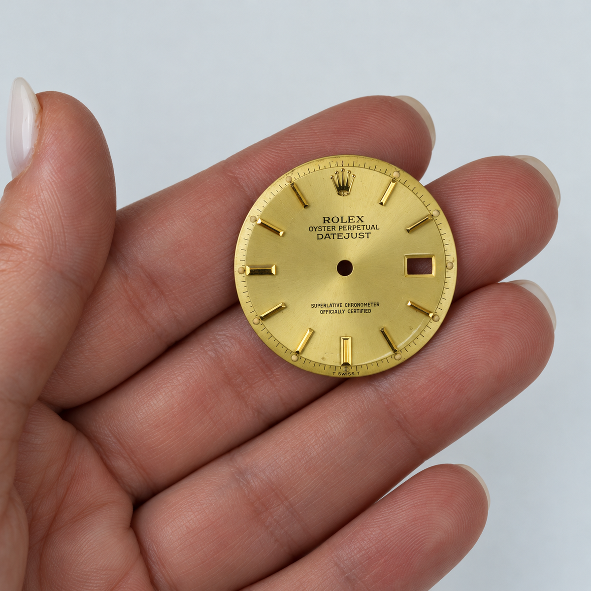 Rolex Datejust 1601 / 1603 dial Style 14271 — resting on hand [lifestyle]