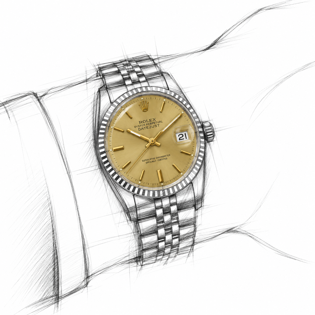 Rolex dial Style 14271 in a loose graphite Datejust wrist illustration with realistic dial, hands, date and crystal
