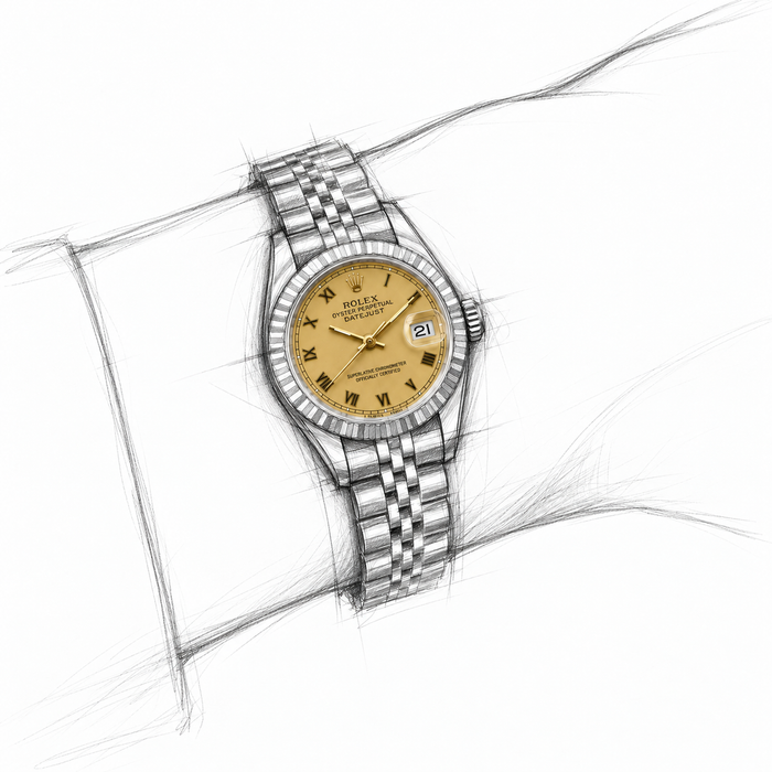 Rolex dial Style 14272 in a loose graphite Datejust wrist illustration with realistic dial, hands, date and crystal