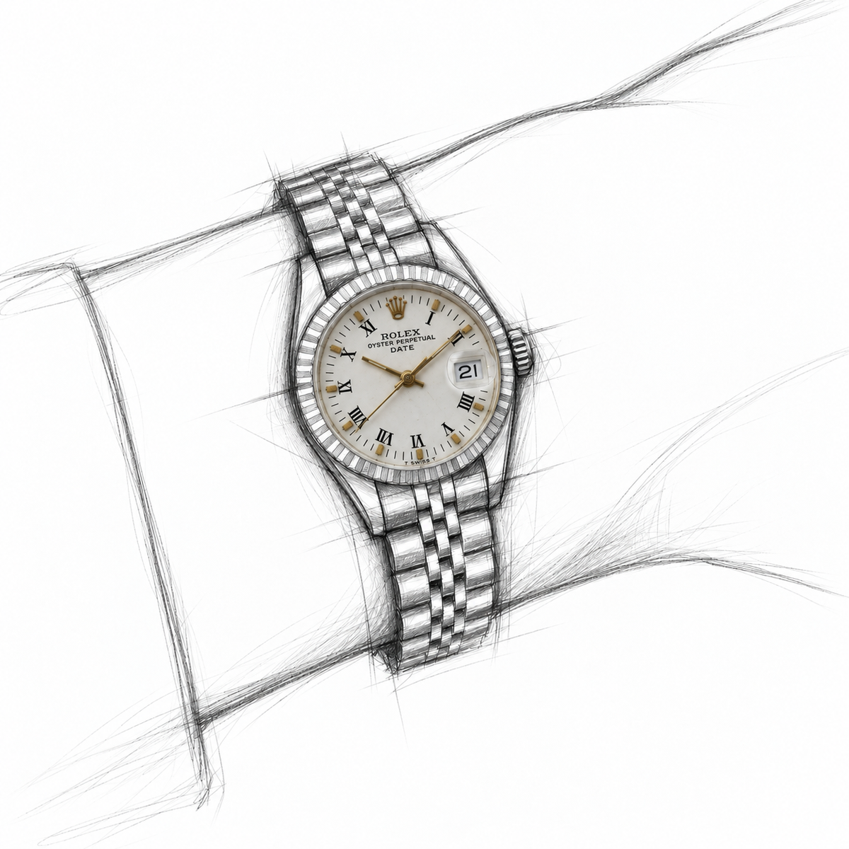 White Roman-and-stick Rolex dial in a graphite wristwatch illustration with hands, date and crystal