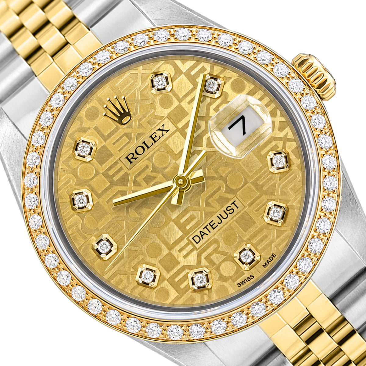 36mm Rolex Datejust 16013 18k Gold Diamond Bezel Champagne Jubilee Dial Watch
