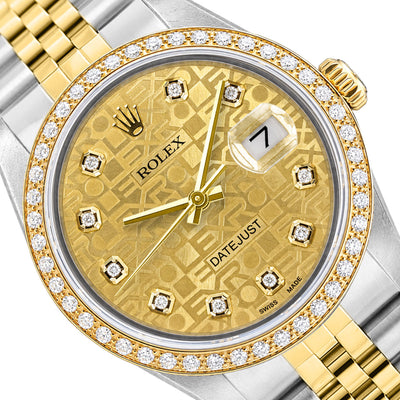 36mm Rolex Datejust 16013 18k Gold Diamond Bezel Champagne Jubilee Dial Watch
