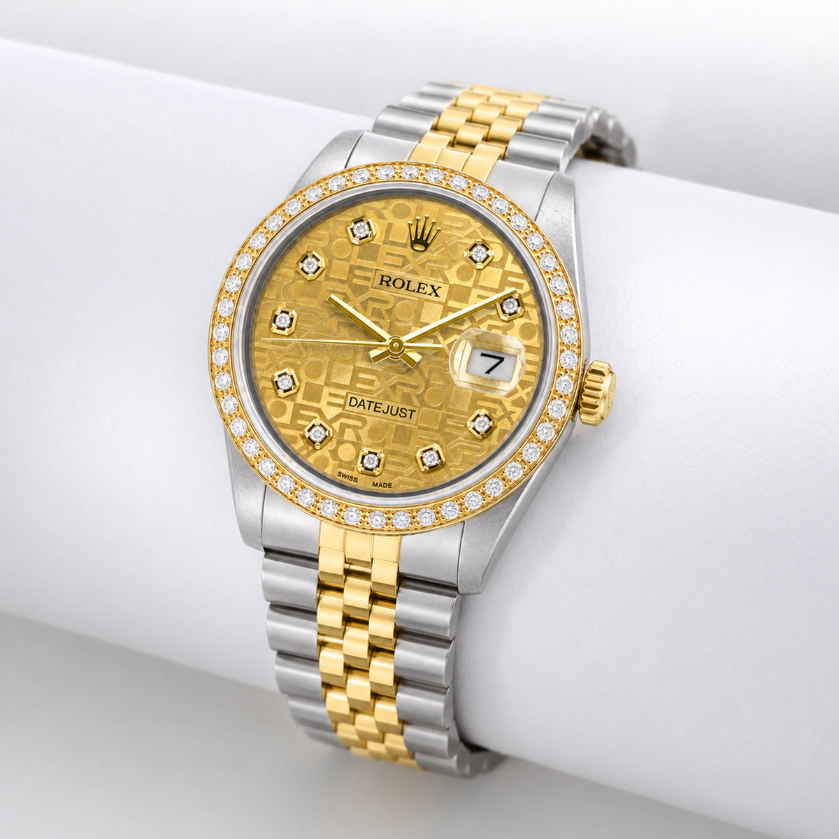 36mm Rolex Datejust 16013 18k Gold Diamond Bezel Champagne Jubilee Dial Watch