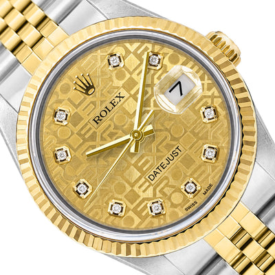 36mm Rolex Datejust 16013 18k Gold Fluted Bezel Champagne Jubilee Dial Watch