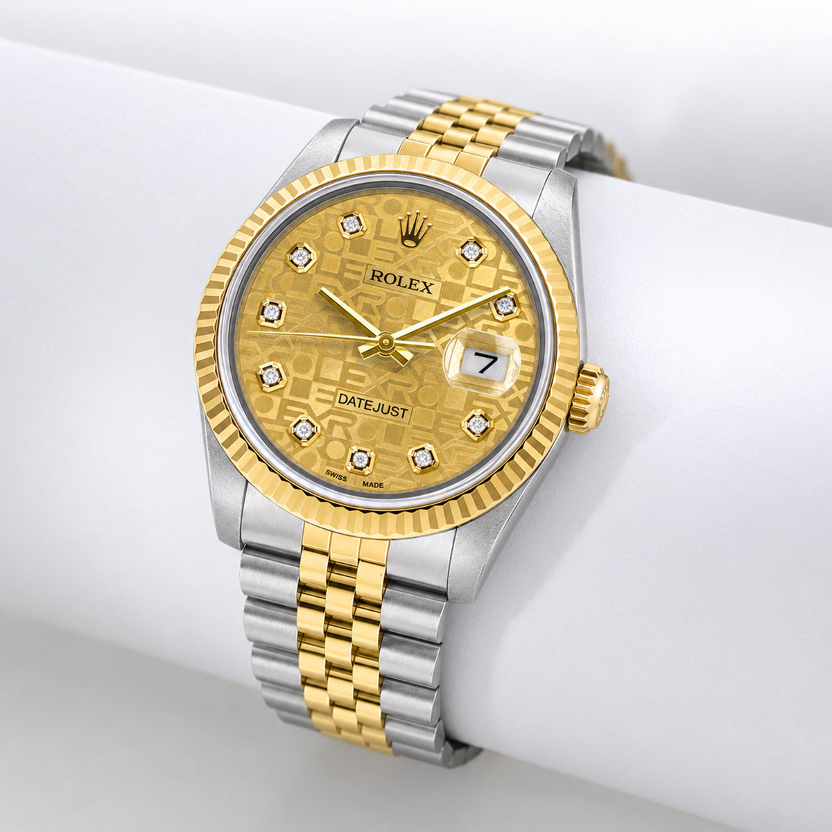 36mm Rolex Datejust 16013 18k Gold Fluted Bezel Champagne Jubilee Dial Watch