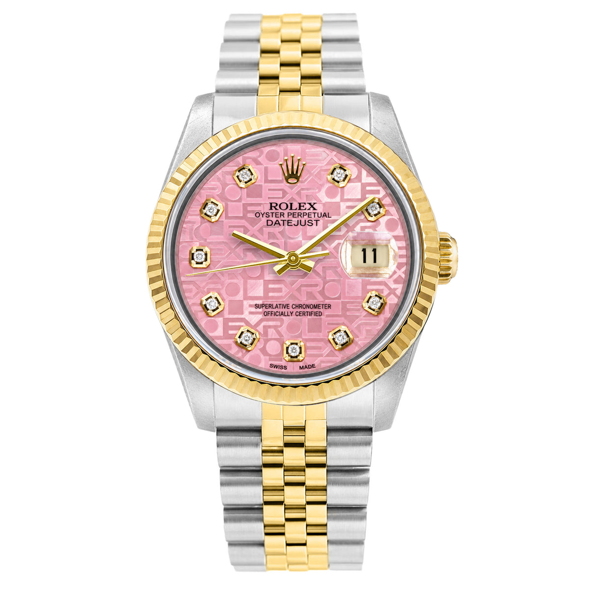 36mm Rolex Datejust 16013 18k Gold Fluted Bezel Pink MOP Jubilee Dial Watch