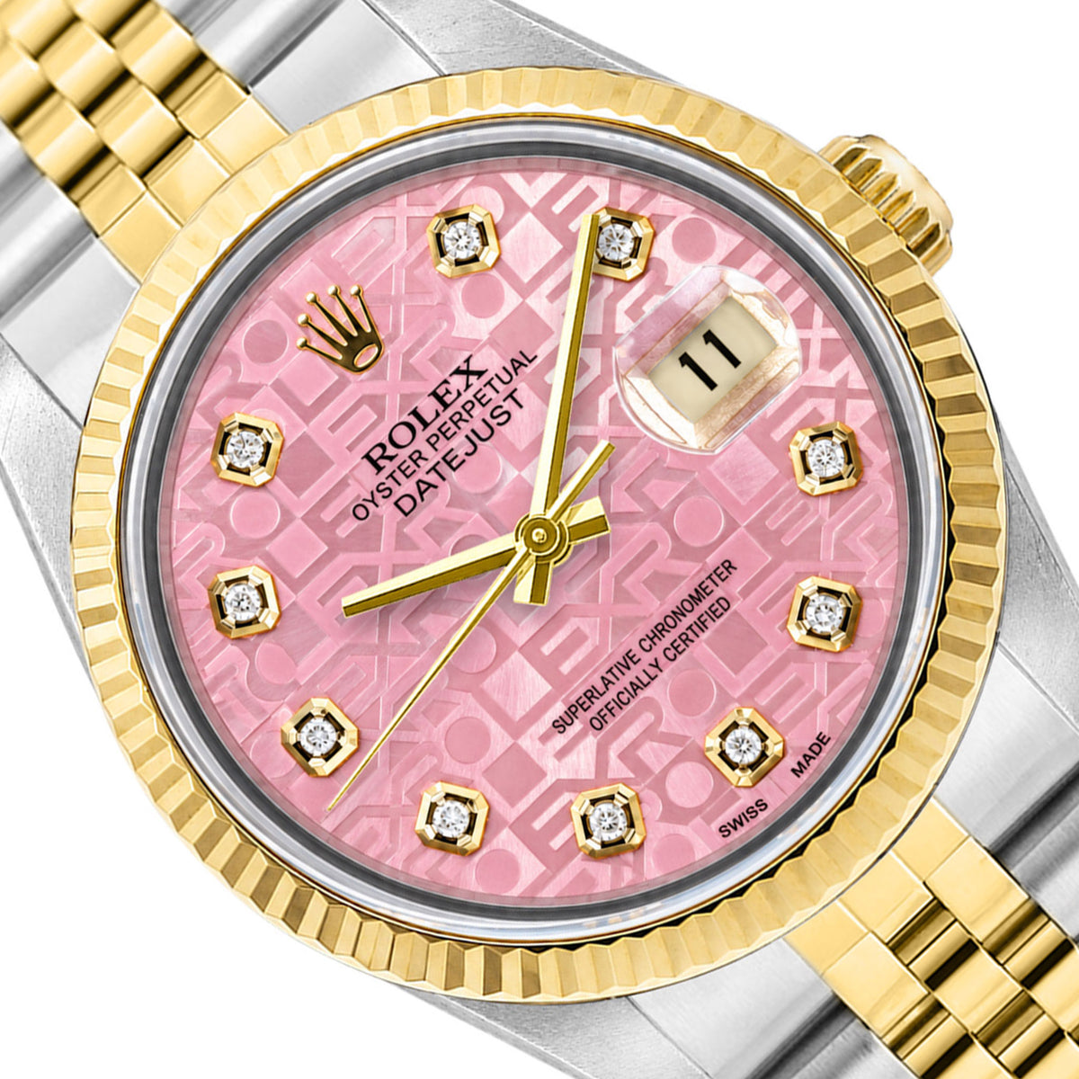36mm Rolex Datejust 16013 18k Gold Fluted Bezel Pink MOP Jubilee Dial Watch