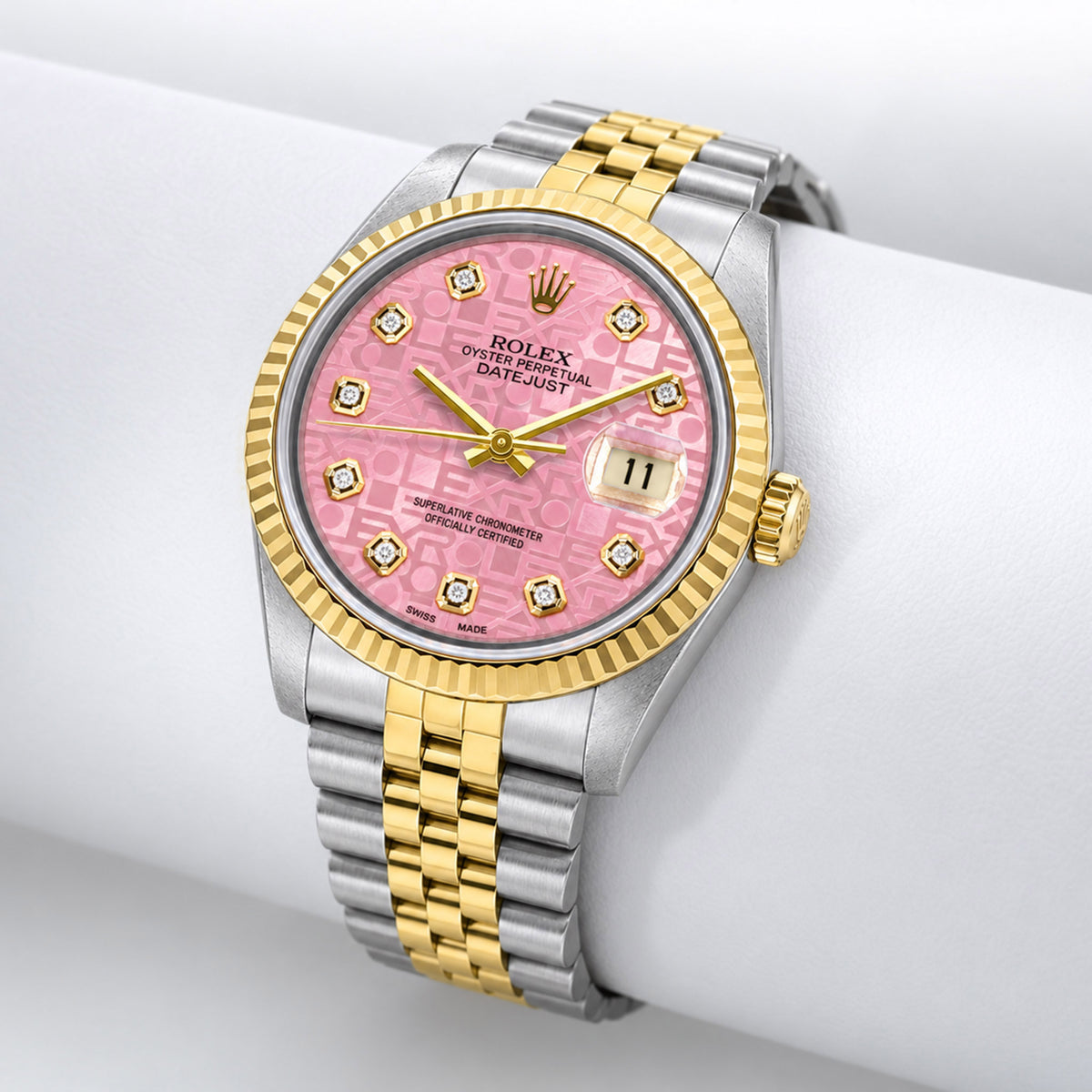 36mm Rolex Datejust 16013 18k Gold Fluted Bezel Pink MOP Jubilee Dial Watch