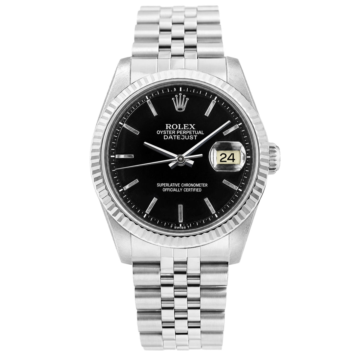 36mm Rolex Datejust 1601 18k White Gold Fluted Bezel Black Dial Jubilee Watch