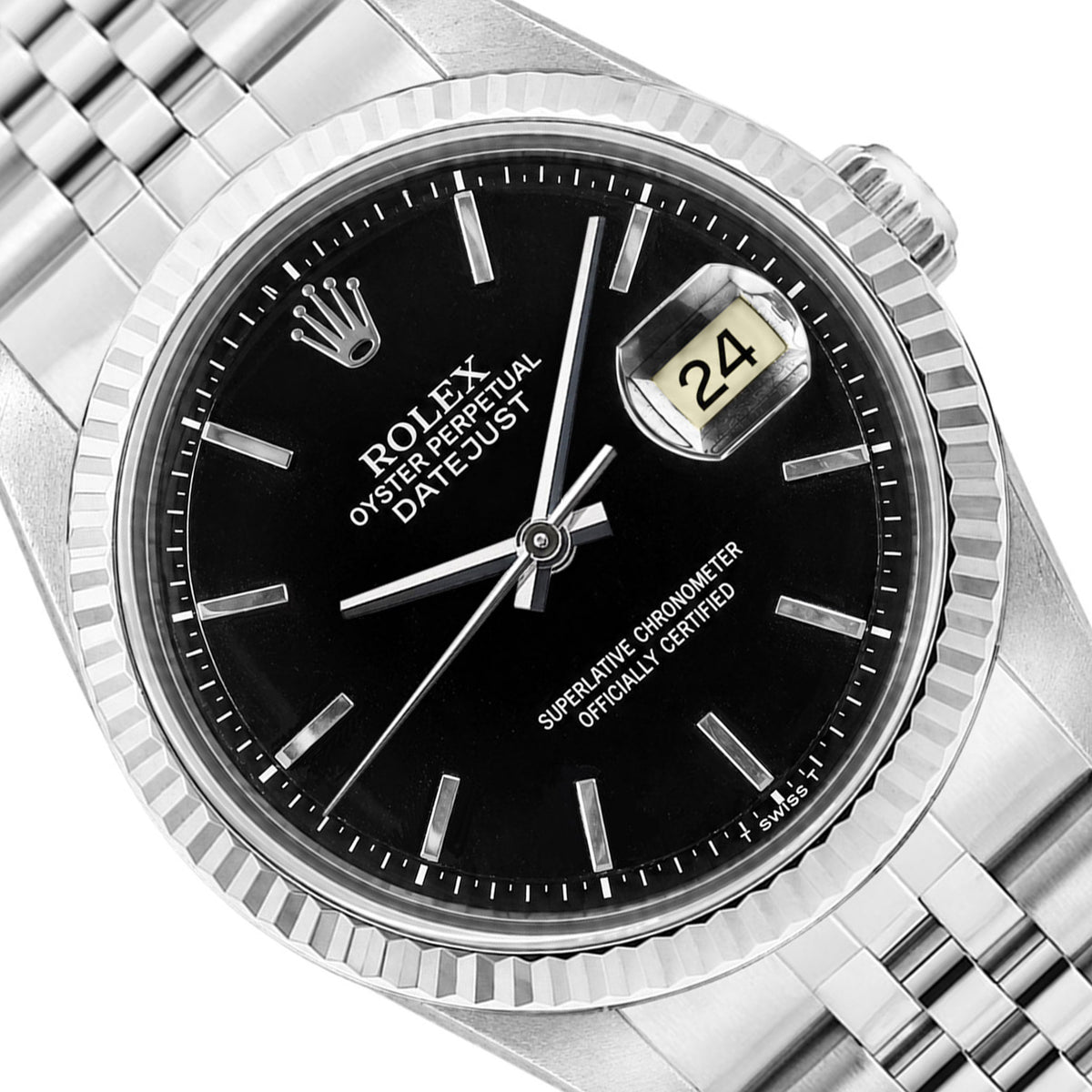 36mm Rolex Datejust 1601 18k White Gold Fluted Bezel Black Dial Jubilee Watch