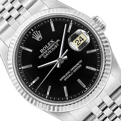 36mm Rolex Datejust 16014 18k White Gold Fluted Bezel Black Dial Jubilee Watch