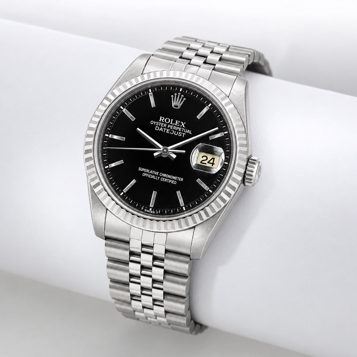 36mm Rolex Datejust 1601 18k White Gold Fluted Bezel Black Dial Jubilee Watch