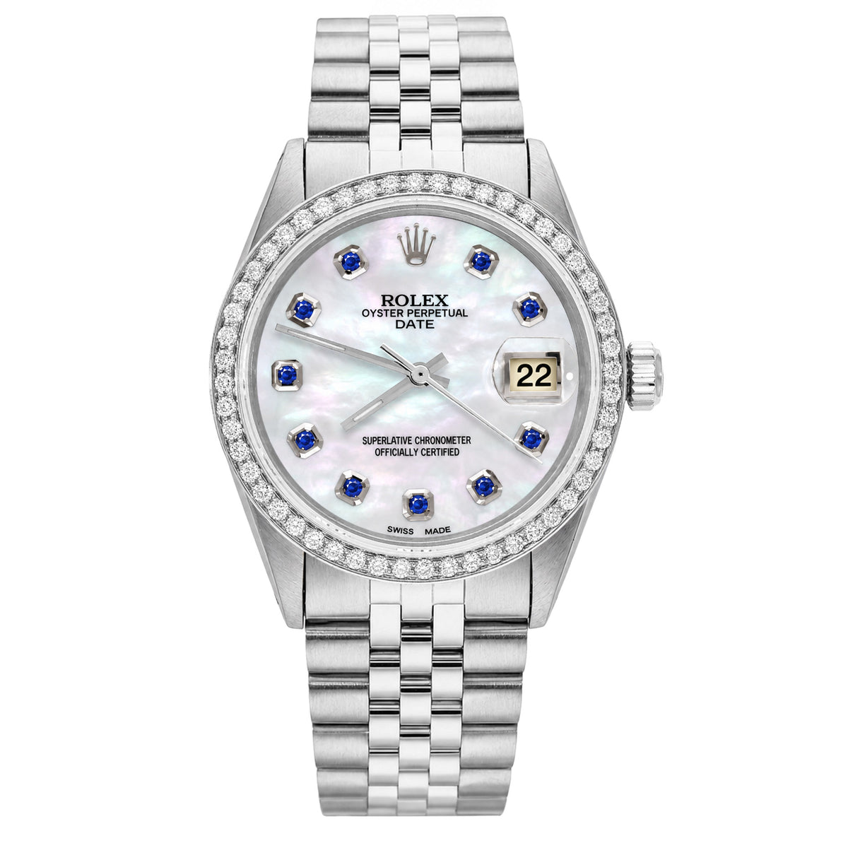 34mm Rolex Perpetual Date 1500 White MOP Sapphire Dial Jubilee Band Watch