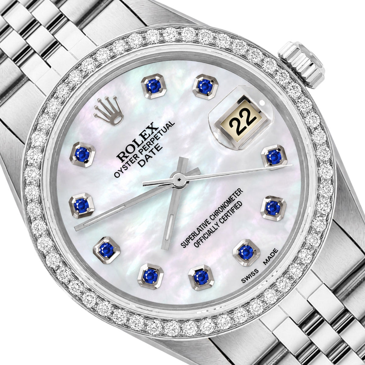 34mm Rolex Perpetual Date 1500 White MOP Sapphire Dial Jubilee Band Watch