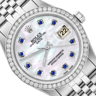 34mm Rolex Perpetual Date 1500 White MOP Sapphire Dial Jubilee Band Steel Watch
