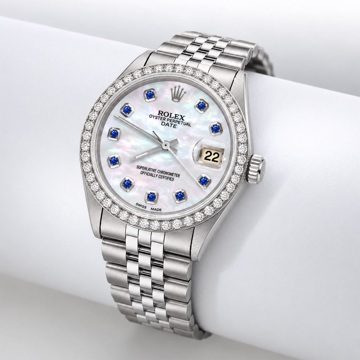 34mm Rolex Perpetual Date 1500 White MOP Sapphire Dial Jubilee Band Watch