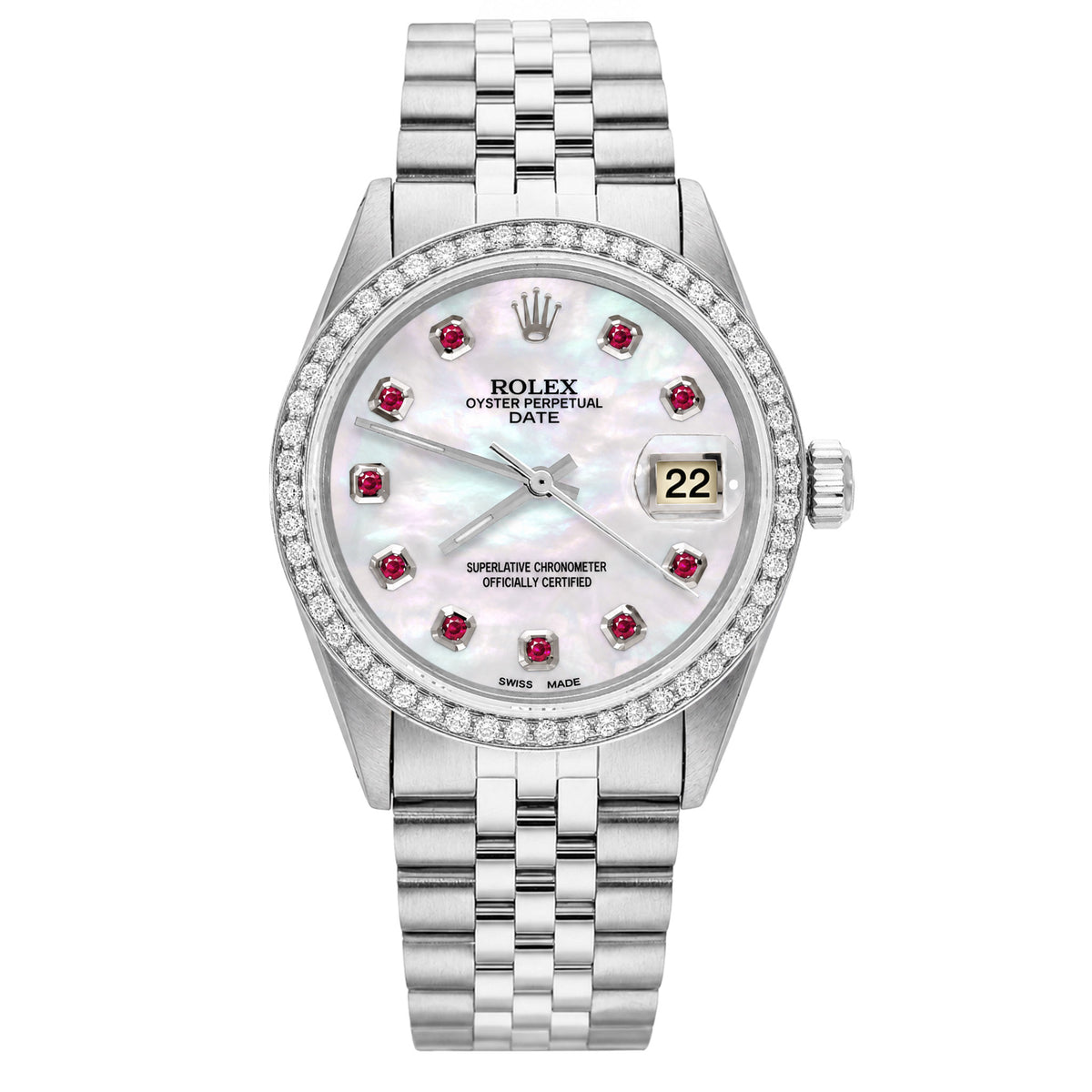 34mm Rolex Perpetual Date 1500 White MOP Ruby Dial Jubilee Band Watch