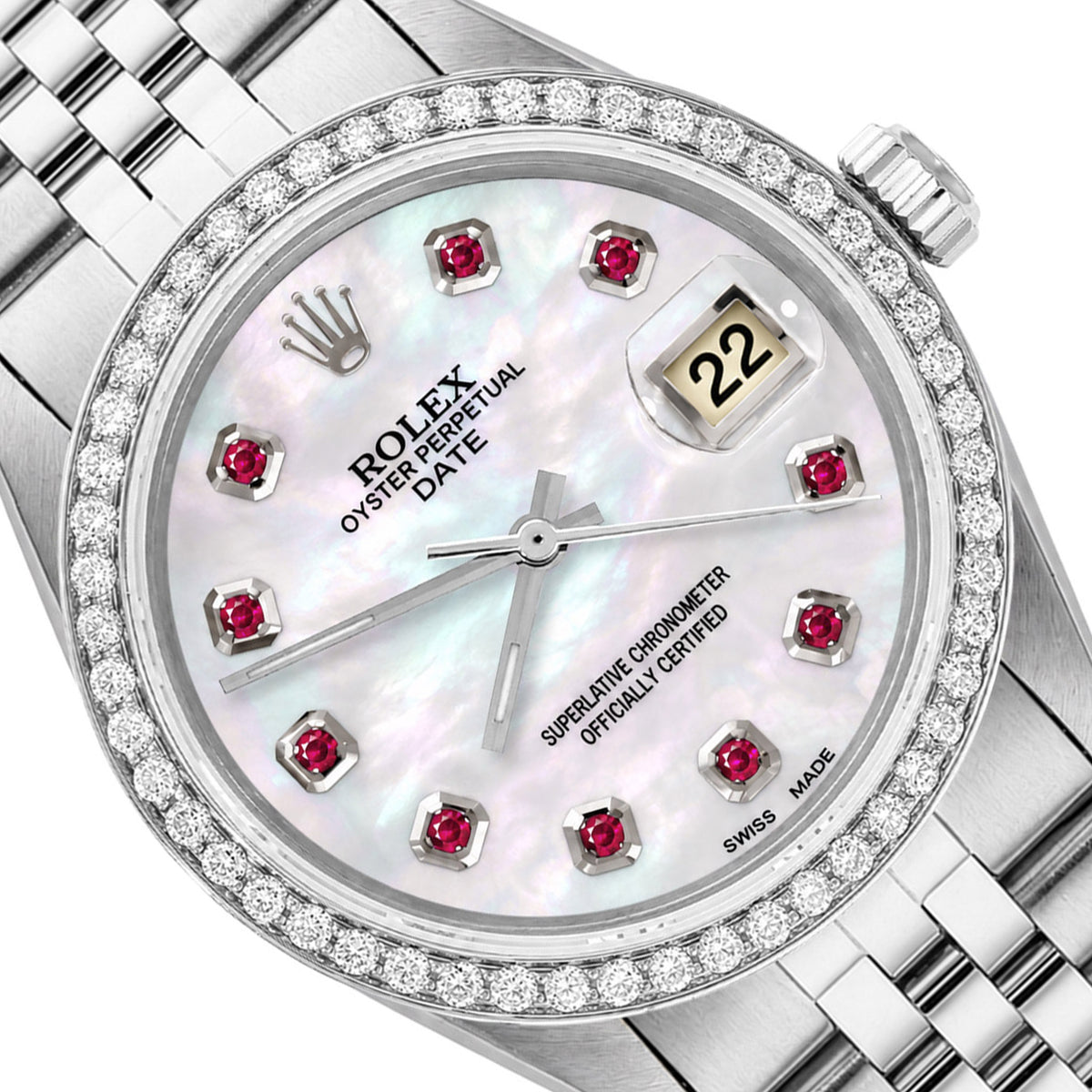 34mm Rolex Perpetual Date 1500 White MOP Ruby Dial Jubilee Band Watch