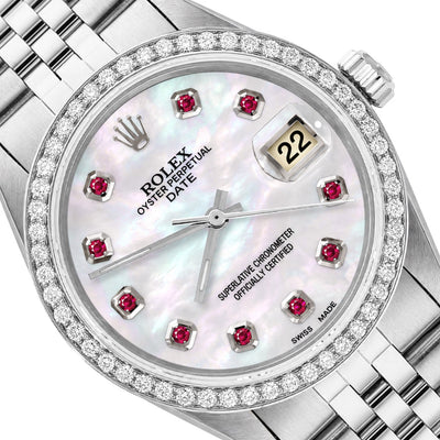 34mm Rolex Perpetual Date 1500 White MOP Ruby Dial Jubilee Band Steel Watch