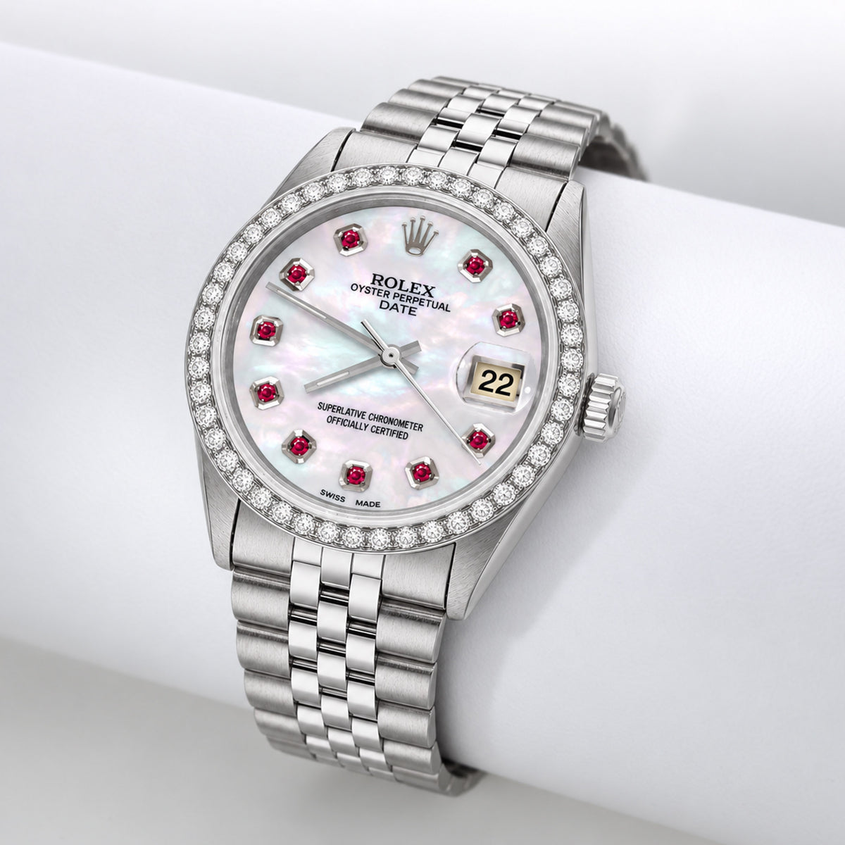 34mm Rolex Perpetual Date 1500 White MOP Ruby Dial Jubilee Band Watch