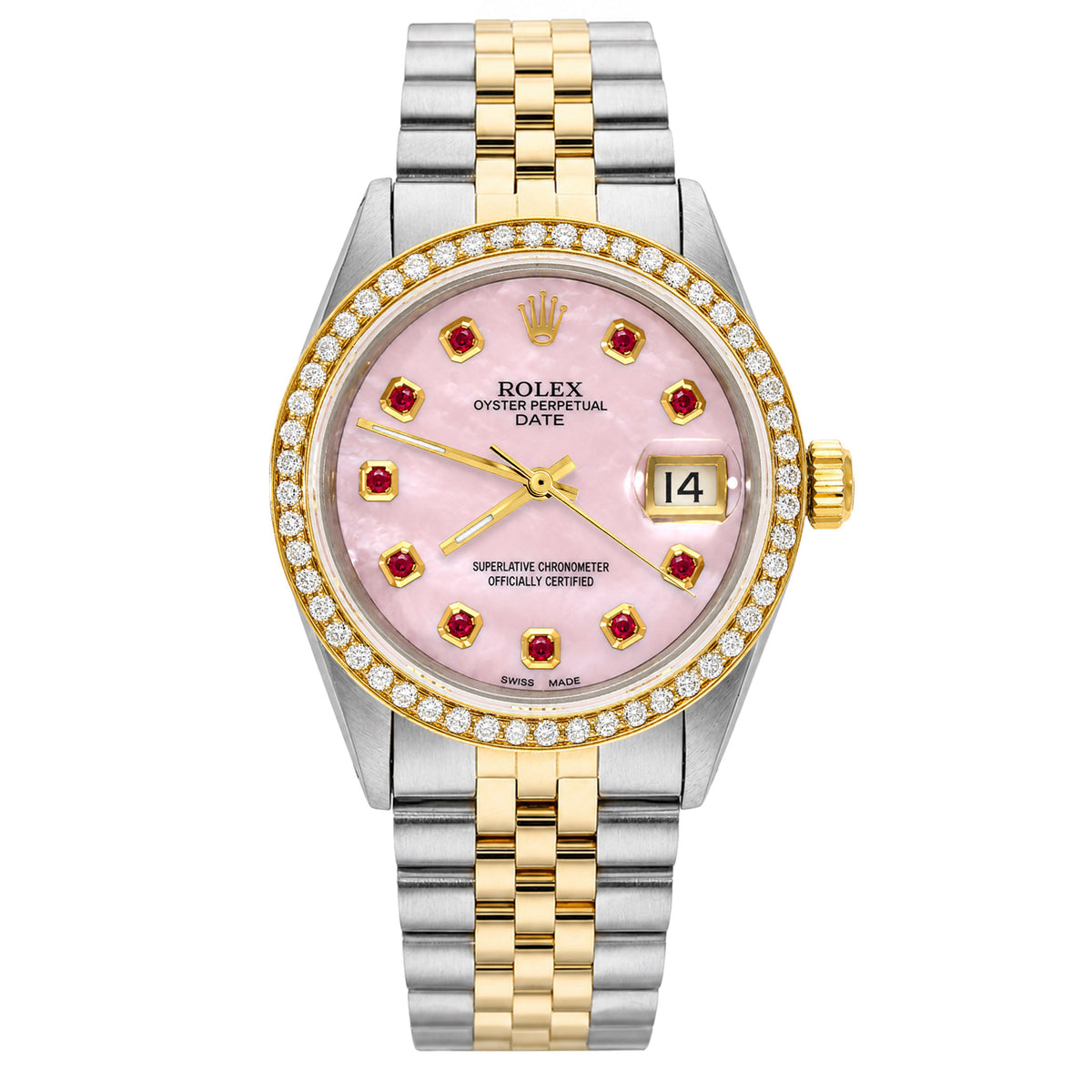 34mm Rolex Perpetual Date 1500 Pink MOP Ruby Dial Jubilee Band Watch