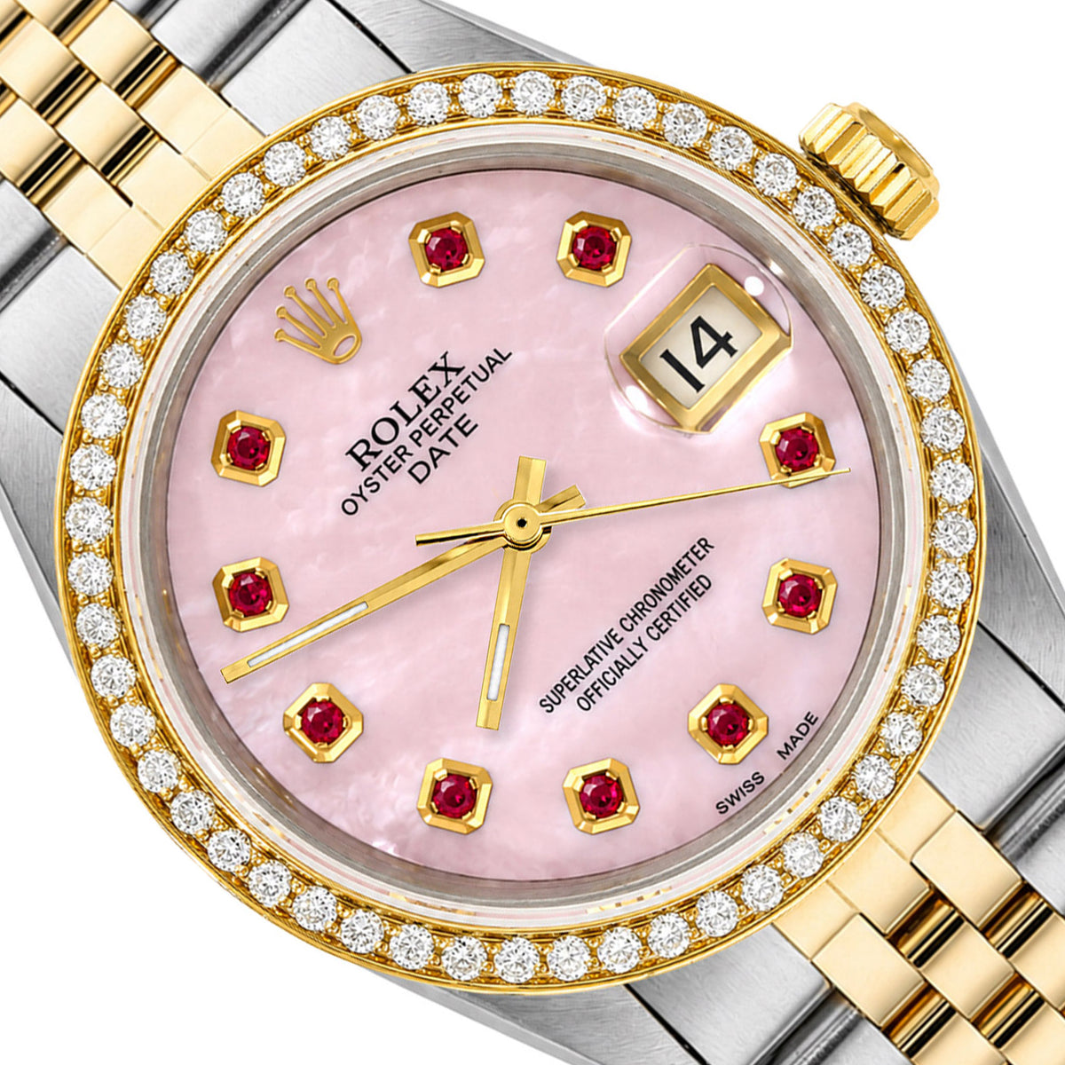 34mm Rolex Perpetual Date 1500 Pink MOP Ruby Dial Jubilee Band Watch