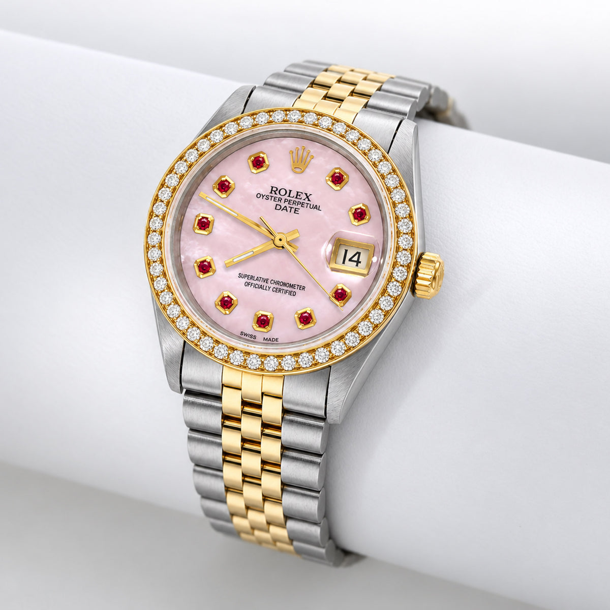 34mm Rolex Perpetual Date 1500 Pink MOP Ruby Dial Jubilee Band Watch