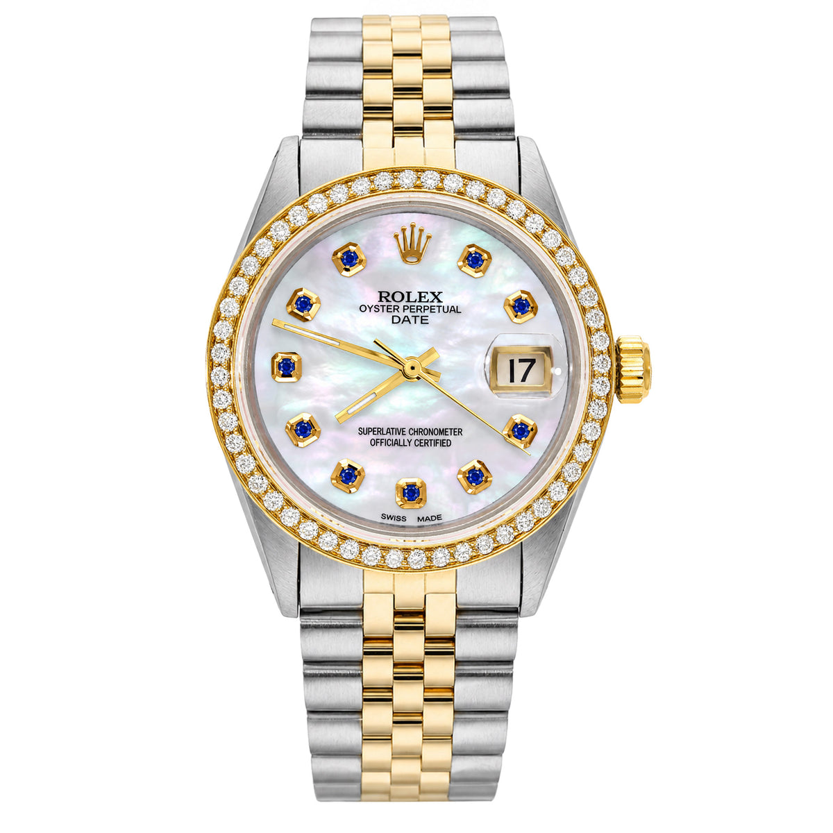 34mm Rolex Perpetual Date 1500 White MOP Sapphire Dial Two-tone Jubilee Watch