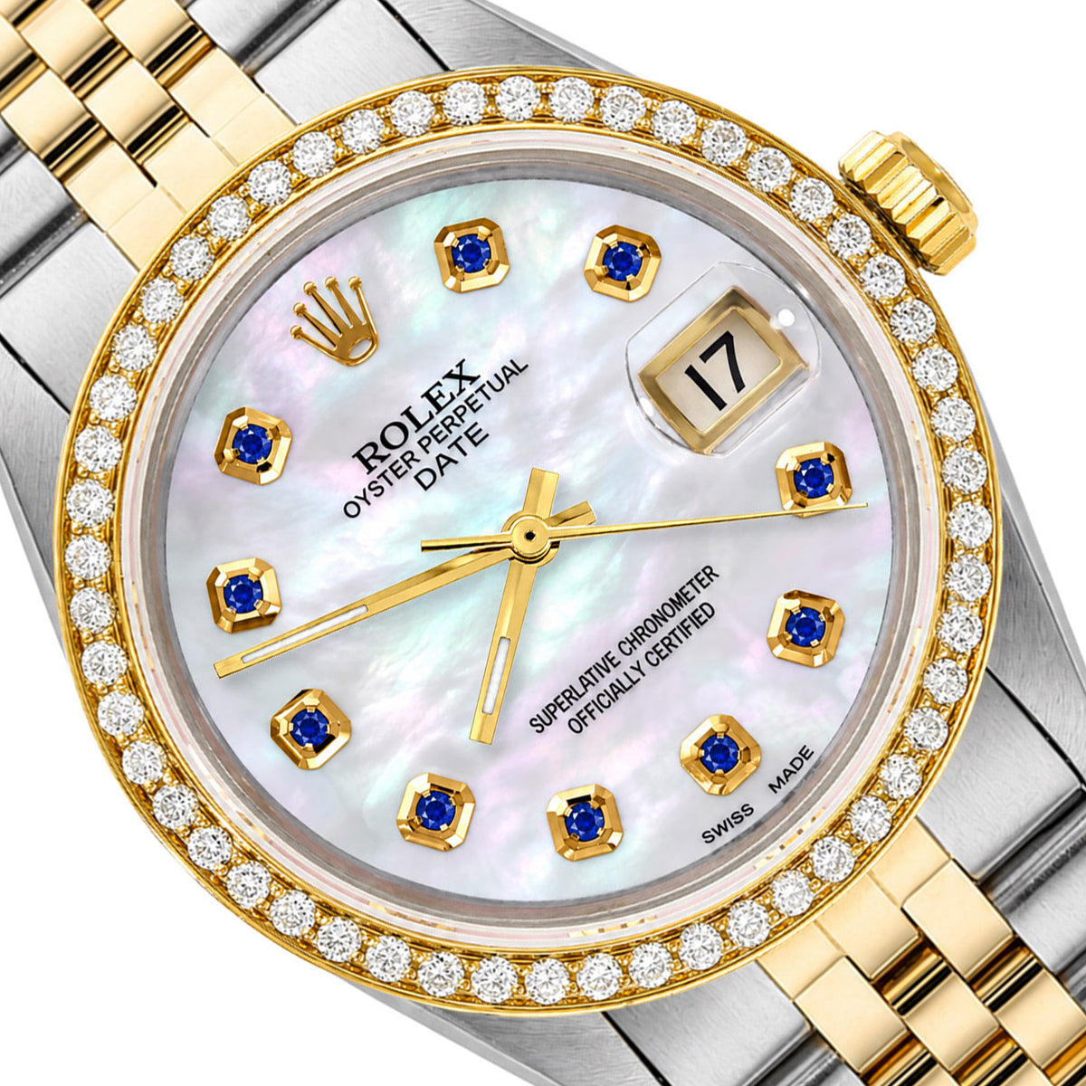 34mm Rolex Perpetual Date 1500 White MOP Sapphire Dial Two-tone Jubilee Watch