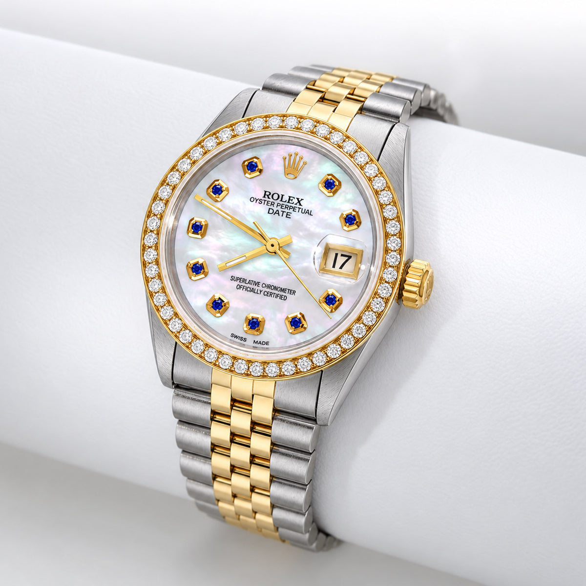 34mm Rolex Perpetual Date 1500 White MOP Sapphire Dial Two-tone Jubilee Watch