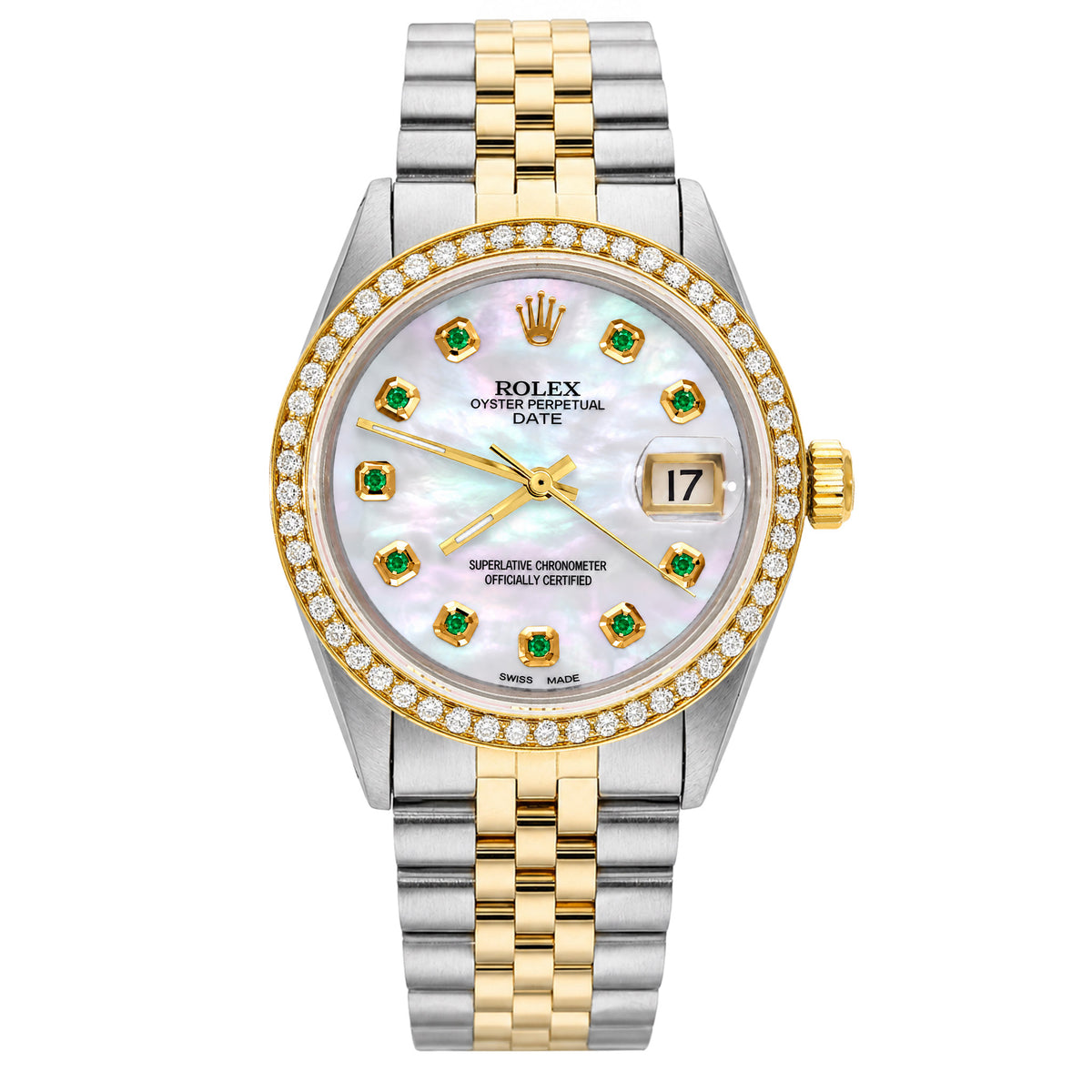 34mm Rolex Perpetual Date 1500 White MOP Emerald Dial Two-tone Jubilee Watch