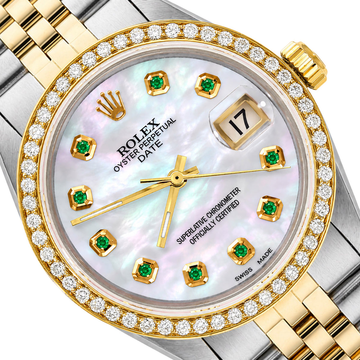 34mm Rolex Perpetual Date 1500 White MOP Emerald Dial Two-tone Jubilee Watch
