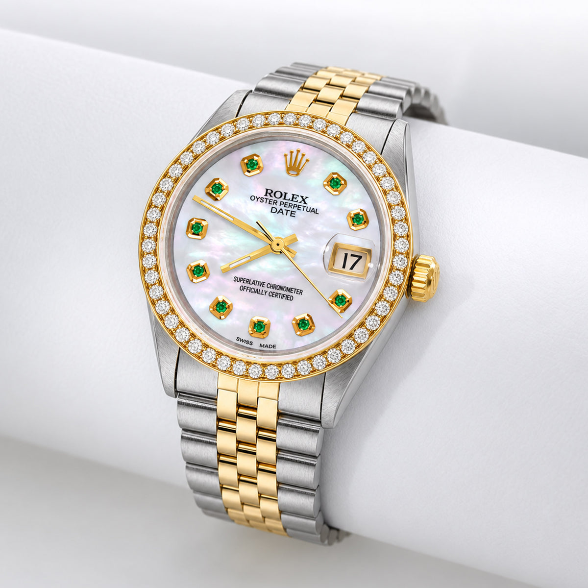 34mm Rolex Perpetual Date 1500 White MOP Emerald Dial Two-tone Jubilee Watch