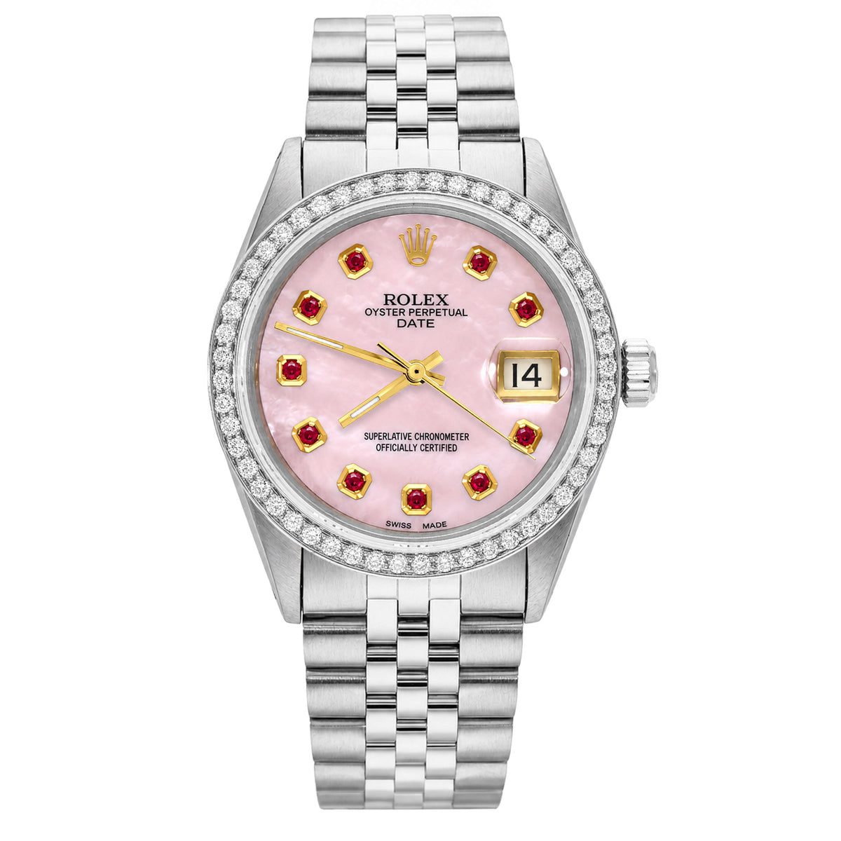 34mm Rolex Perpetual Date 1500 Pink MOP Ruby Dial Jubilee Band Steel Watch