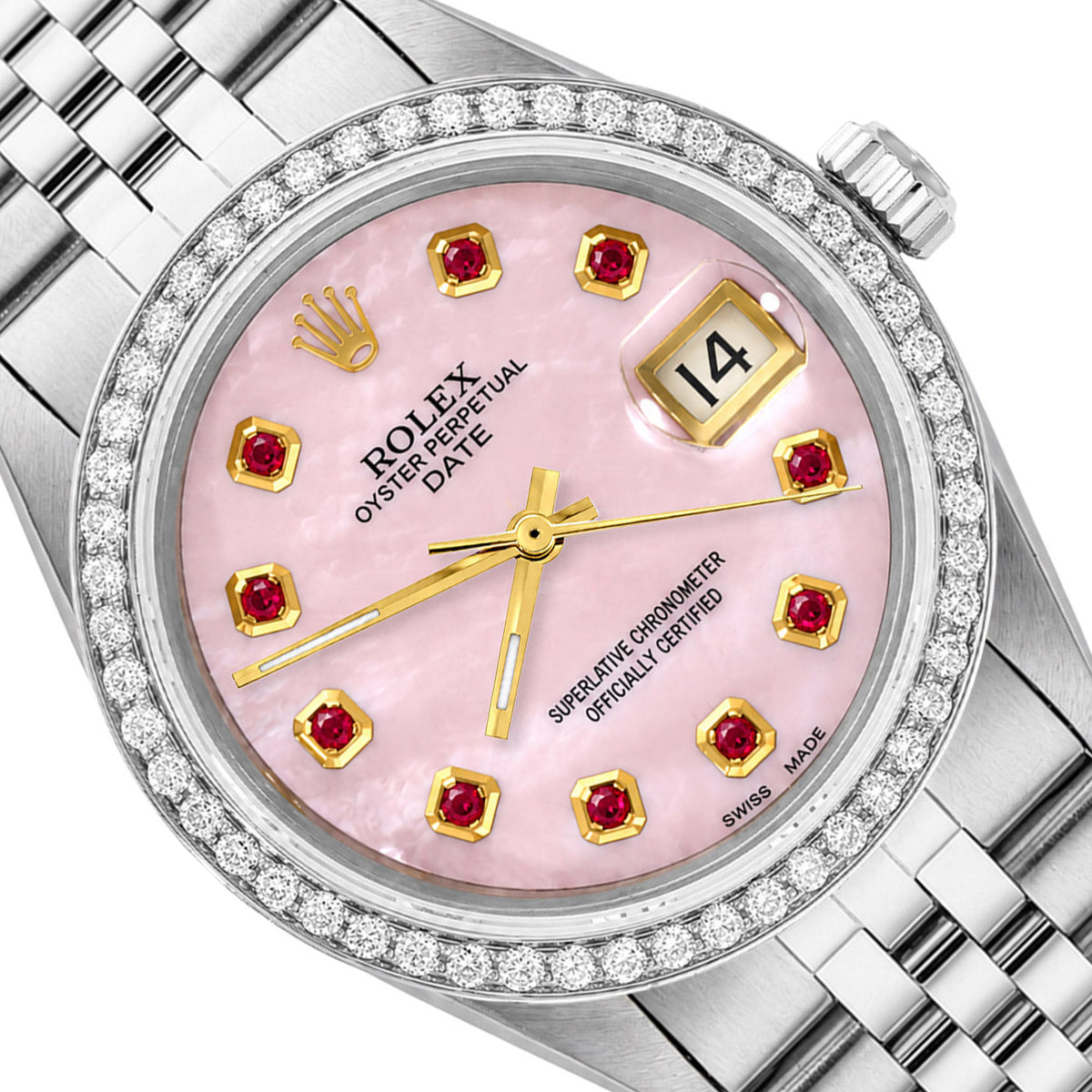 34mm Rolex Perpetual Date 1500 Pink MOP Ruby Dial Jubilee Band Steel Watch