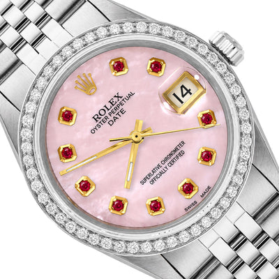 34mm Rolex Perpetual Date 1500 Pink MOP Ruby Dial Jubilee Band Steel Watch