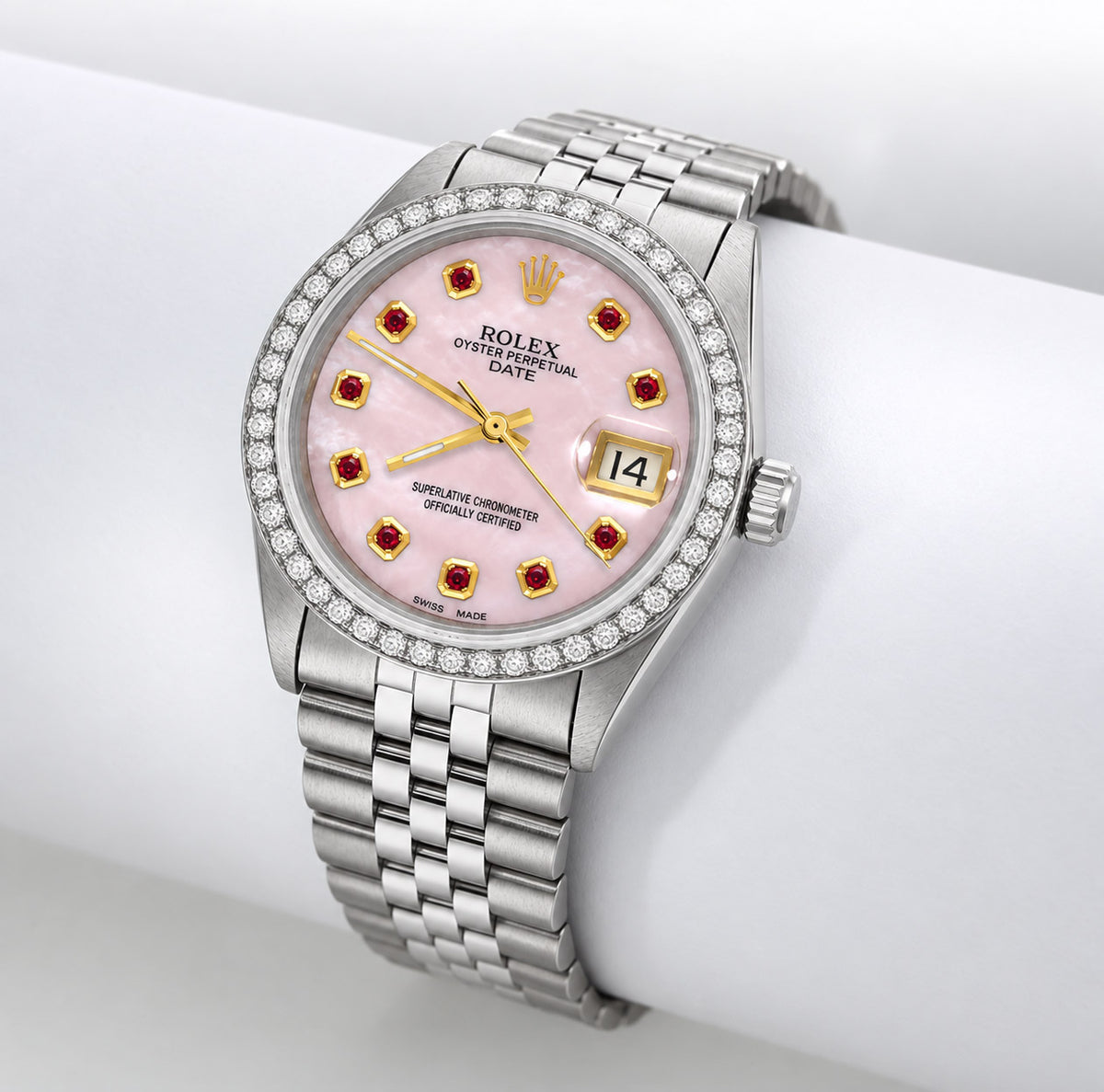 34mm Rolex Perpetual Date 1500 Pink MOP Ruby Dial Jubilee Band Steel Watch