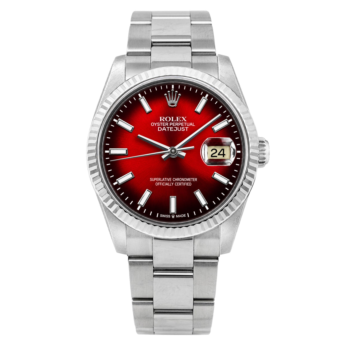 36mm Rolex Datejust 16014 18k White Gold Bezel Ombre Red Dial Oyster Band Watch